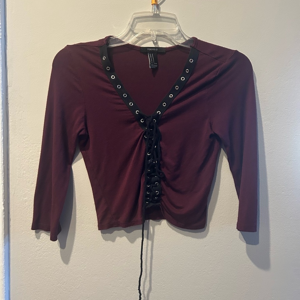 Forever 21 Burgundy Lace-Up Crop Top